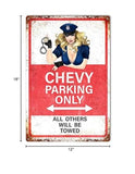 ArtFuzz Chevy Parking Only Sign with Pin Up Girl Aged Looking Metal 12×18