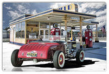 ArtFuzz Red Roadster Stopping for Service Classic Hot Rod Car Metal Sign by Bob Kramer 12×18