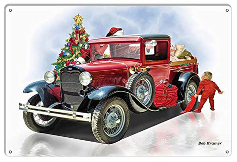 Classic Old Truck Merry Christmas Metal Sign By Artist Bob Kramer 12×18