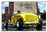 ArtFuzz 1934 Yellow Roadster in Redlands Calif Metal Hot Rod Garage Sign by Bob Kramer 12×18
