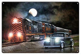 Classic Chevy And Locomotive Midnight Moon Metal Sign By Bob Kramer 12×18