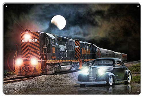 Classic Chevy And Locomotive Midnight Moon Metal Sign By Bob Kramer 12×18