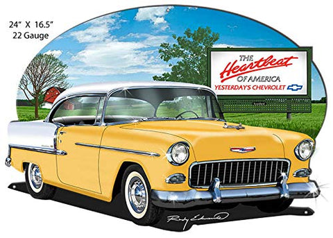 Chevy Yellow Heartbeat Cut Out Garage Metal Sign Rudy Edwards16.5×24