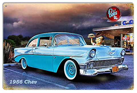 1956 Chevy At Bobs Big Boy Drive In Metal Sign By Artist Bob Kramer 12×18