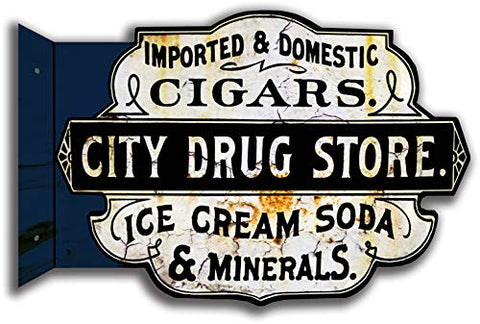 City Drug Store Flange Sign Country Ad 13.2?x20? Metal Cut Out Reproduction