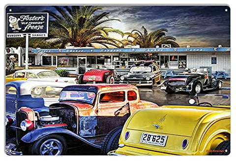 Classic Hot Rod Cars At Fosters Freeze Metal Sign By Artist Bob Kramer 12×18