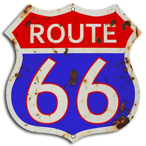 (3) Route 66 Vintage Red And Blue Cut Out Garage Shop Metal Sign 7.5Γ7.5