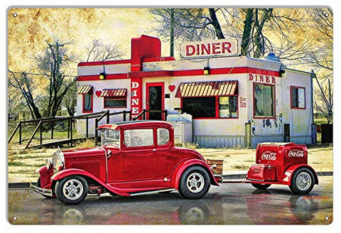 Classic Hot Rod Metal Sign At Diner Original Garage Shop Art By Artist Bob Kramer 12×18