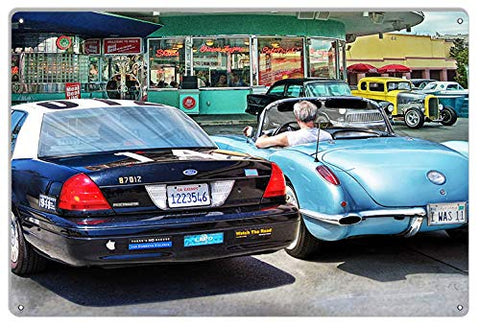 Classic Diner Parking Hot Rod Garage Shop Art Metal Sign By Artist Bob Kramer 12×18