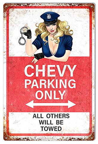 ArtFuzz Chevy Parking Only Sign with Pin Up Girl Aged Looking Metal 12×18