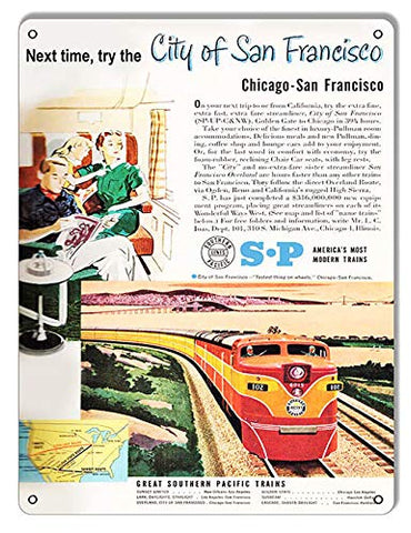 Chicago to San Francisco Southern Pacific Railroad Aluminum Travel Sign