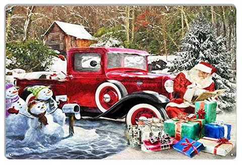ArtFuzz Red Classic Ford with Santa Claus Christmas Metal Hot Rod Sign by Bob Kramer 12×18