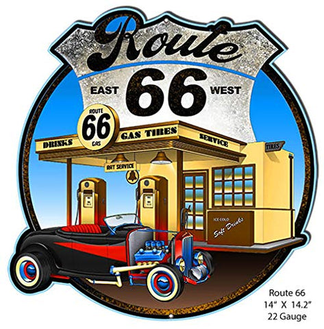 ArtFuzz Route 66 Hot Rod Gas Station Metal Cut Out Sign by Bernard Oliver