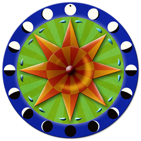 Eight Point Star Moon Phases Hex Sign 14 x 14 Round Metal Sign
