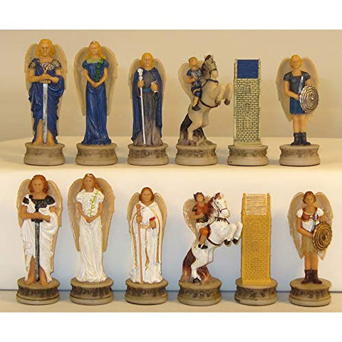 Worldwise Imports Blue vs White Angels Painted Resin Chessmen on Cherry Stained Chest