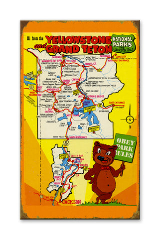 Yellowstone and Grand Teton Map Wood 18x30