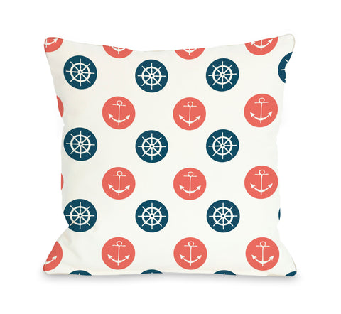 Anchor Wheel Polka Dot - Coral Throw Pillow by OBC 18 X 18