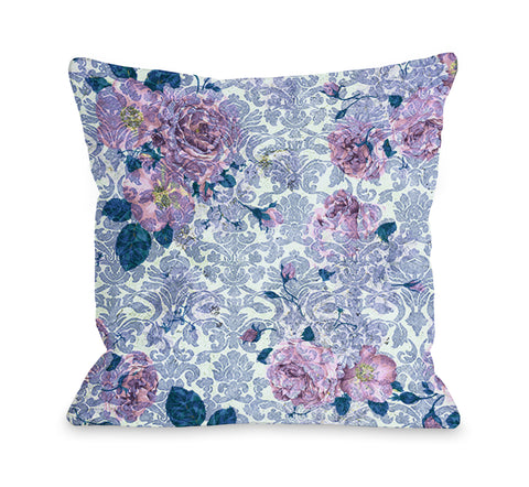 Aria Demask Florals - Blue Throw Pillow by OBC 18 X 18