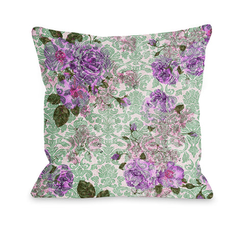 Aria Demask Florals - Green Throw Pillow by OBC 18 X 18