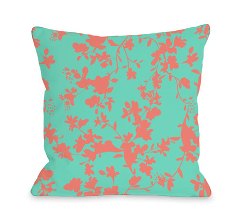 Penelope Florals - Turquoise Coral Throw Pillow by OBC 18 X 18