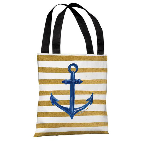 Anchor Gold Stripes - White Gold Blue Tote Bag by Timree Gold