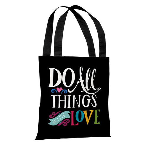 All Things With Love - Black Multi Tote Bag by Pen & Paint