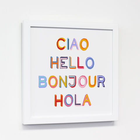 Ciao Hello Bonjour Hola - Multi 12x12 White Canvas Image Box by OBC 12 X 12
