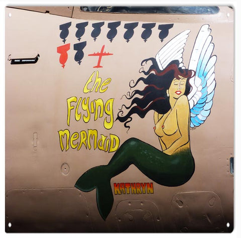 Vintage Nose Art Flying Mermaid Sign 12x12