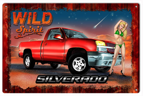 Vintage Wild Silverado Pin Up Girl Metal Sign