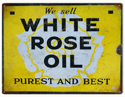 Vintage White Rose Oil Metal Sign