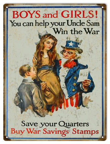 Vintage Uncle Sam War Saving Stamps Metal Sign
