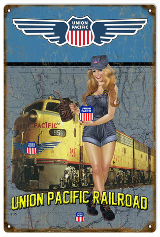 Vintage Union Pacific Railroad Pin Up Girl Metal Sign