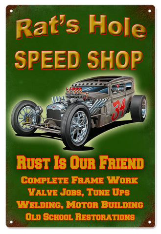 Vintage Rats Hole Speed Shop Hot Rod Sign 16x24