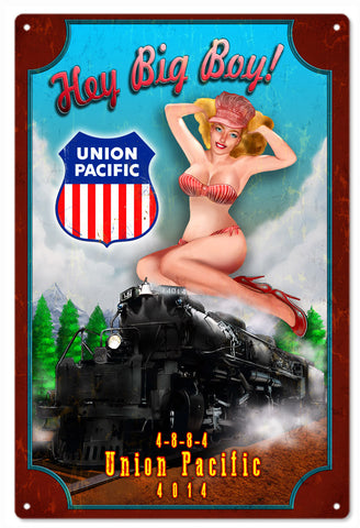 Vintage Hey Big Boy Railroad Pin Up Girl Sign 16x24