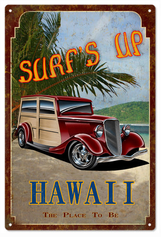 Surfs Up Hawaii Sign with Woody 12x18
