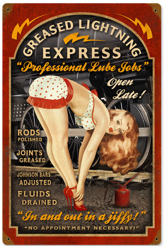 Vintage Greased Lightning Express Garage Pin Up Girl Sign