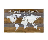 Adventure Awaits World Map Wood Wall Decor- Farmhouse Rustic Wood Wall Plaque-Vintage Adventure Decor,16.75"H x 28"W
