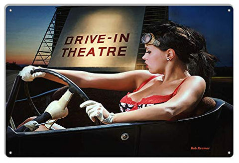 Pin Up Girl Hot Rod Car At The Drive In Metal Sign By Artist Bob Kramer 12×18