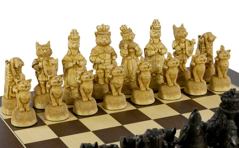 Chess Set  - Cats & Dogs Chess Pieces on Walnut/Sycamore Barcelona Chess Board