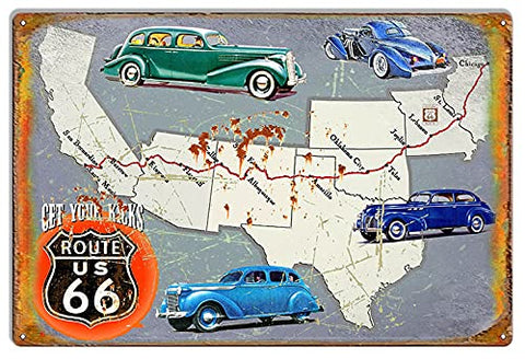 Get Your Kicks On Route 66 Metal Map Sign By Phil Hamilton 12×18
