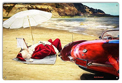 Santa Resting On The Beach Metal Christmas Holiday Sign By Artist Bob Kramer 12×18