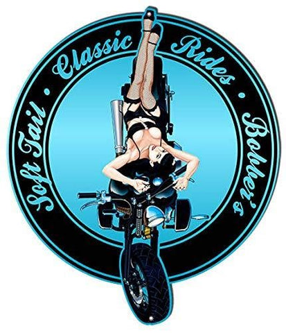 Motorcycle Soft Tail Pin Up Girl Metal Cut Out Sign By Bernard Oliver