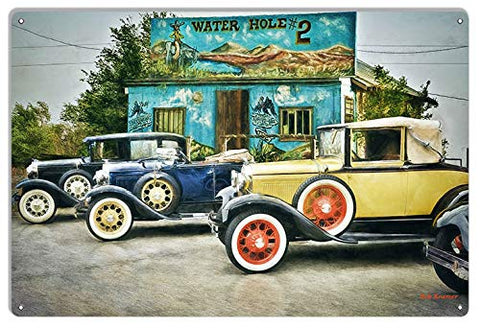 Model Ts Hot Rod Cars At The Watering Hole Metal Sign By Bob Kramer 12×18