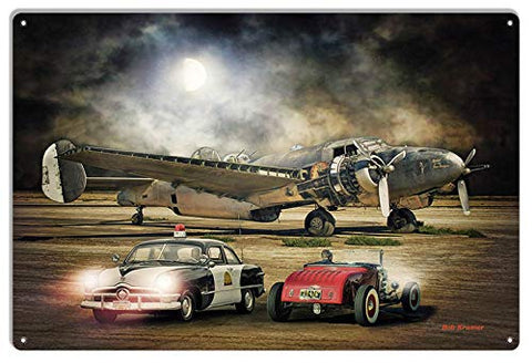 Nostalgic Airplane And Classic Cars Metal Sign By Artist Bob Kramer 12×18