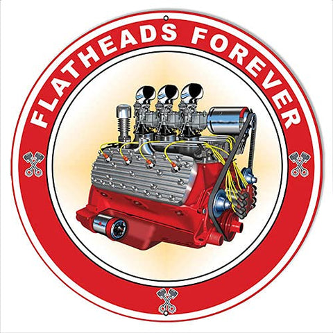 Flat Heads Garage Art Metal Sign By Rudy Edwards 30×30 Round