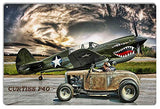Curtiss P40 Aircraft Hot Rod Car Metal Sign By Artist Bob Kramer 12×18