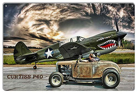 Curtiss P40 Aircraft Hot Rod Car Metal Sign By Artist Bob Kramer 12×18