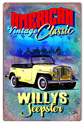 American Vintage Classic Willys Jeepster Metal Sign By Phil Hamilon 12×18