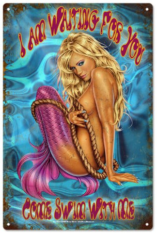 Sexy Mermaid Swim With Me Reproduction Whimsical Metal Sign 18x30