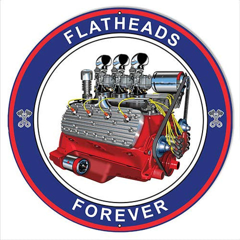 Flat Heads Garage Shop Metal Sign By Rudy Edwards 14×14 Round